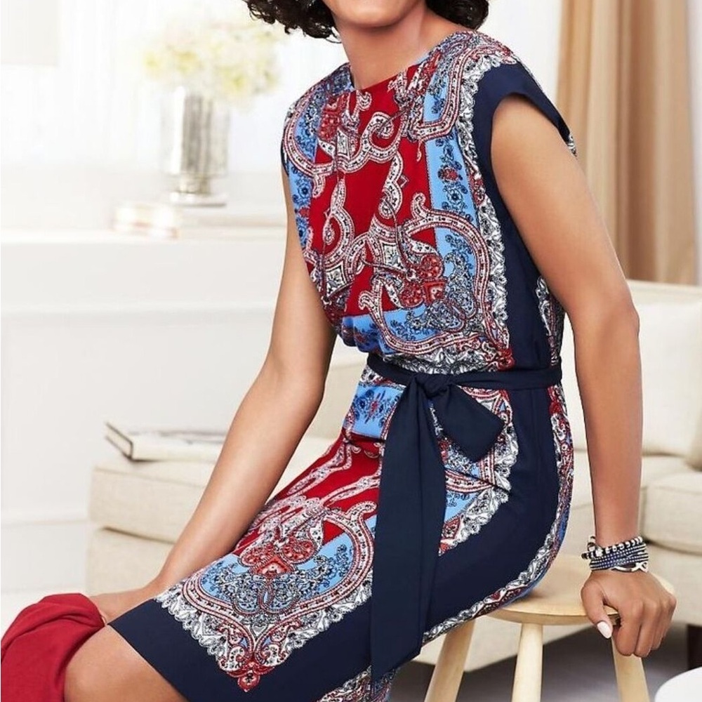 Talbots red and blue bandanna print belted dress